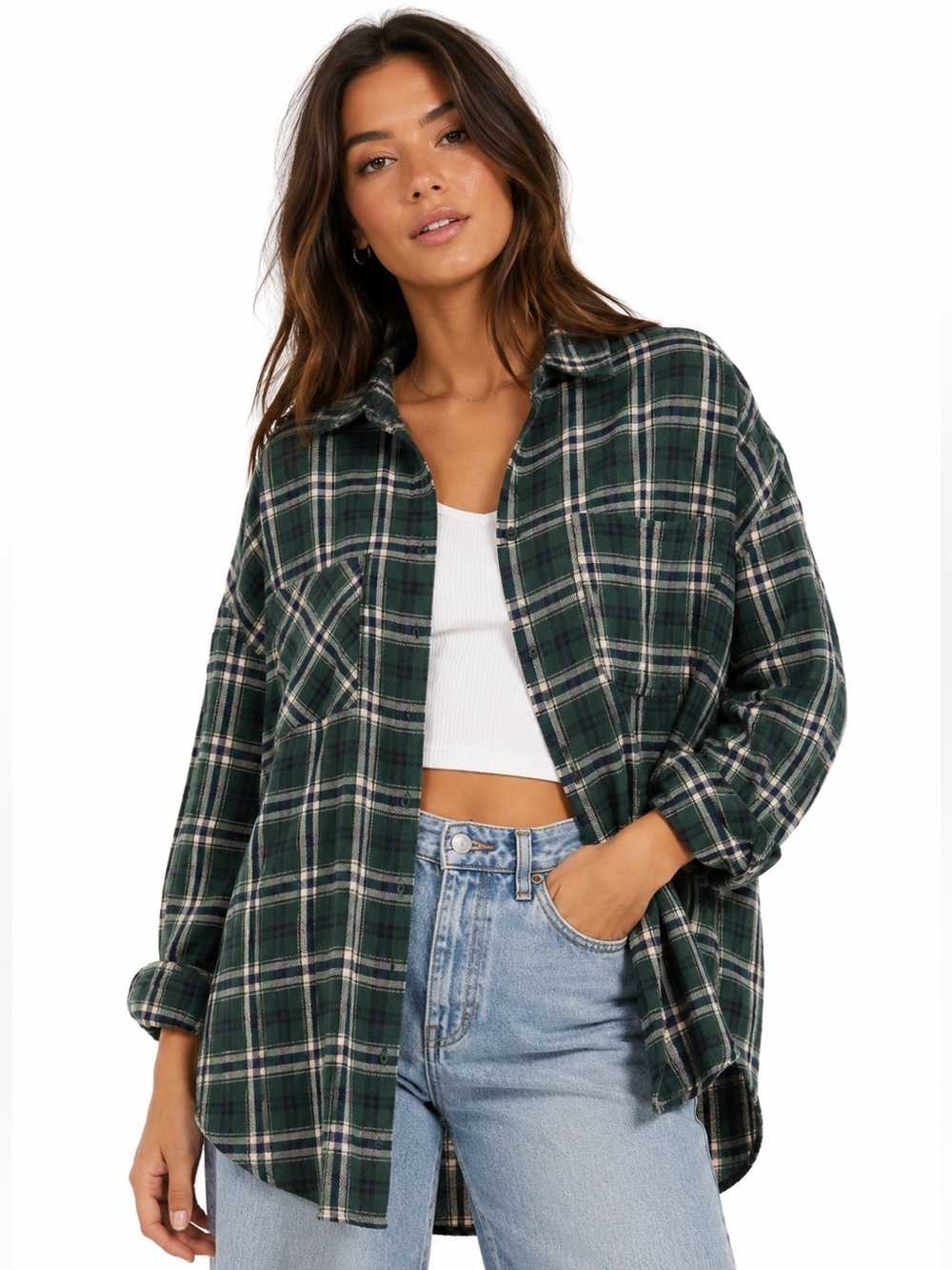 Boohoo Green Plaid Oversized Button Up Shirt Size US 12 / UK 16